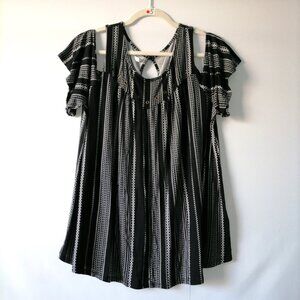 NWT Maurices Womens Black White Striped Cut Off Cold Shoulder Blouse Top Size 1X